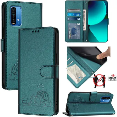 Produktbild von Leder Hülle für Xiaomi Redmi Note 9 4G Süße Katze Flip Case Brieftasche Schutzhülle mit Standfunktion Grün