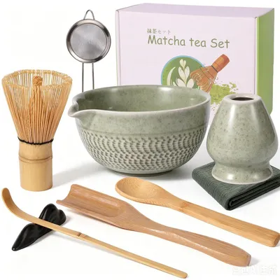 Immagine prodotto di Set da tè Matcha, 9 pezzi, in Vetroceramica verde, con ciotola con beccuccio e spatola in bambù