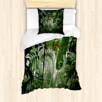 Produktbild von ABAKUHAUS Regenwald Bettbezug Set, Tropische Regenwald Bewahrung Feuchtigkeit Palme Wilde Umwelt Misty Nature, 135 x 200 cm + 80 x 80 cm, Grün