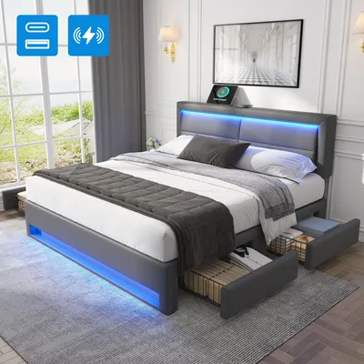 Produktbild von Polsterbett 140 x 190 mit USB unterstützt kabelloses+kabelgebundenes Laden mit LED-Beleuchtung und vier Schubladen, ohne Matratze, PUgrau