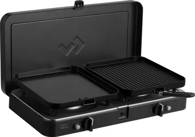 A black camping grill with a lid open, showing a griddle and a grill plate.