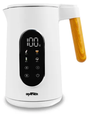 Produktbild von Grafner Edelstahl Wasserkocher mit Temperatureinstellung, 40°C-100°C, großes Display, Warmhaltefunktion und Memoryfunktion, 4 Programme, Doppelwand, 1,7 Liter, 2200 Watt, weiß Teekocher digital