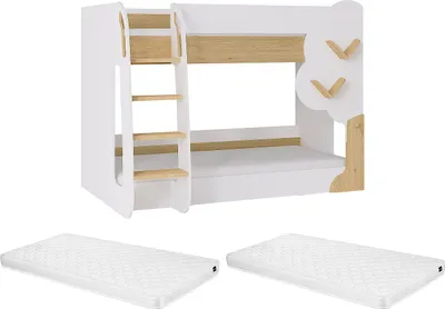 Produktbild von Etagenbett 2 x 90 x 190 cm - Weiß und Natur + Matratze - PILATI