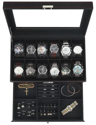 Productafbeelding van Horlogebox - 12 vakken - Polyurethanleer - 33 x 20 x 13 cm - Zwart