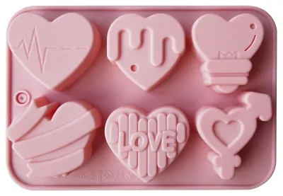Produktbild von Schokoladenform in Herzform, hitzebeständiges Silikon, 6 Mulden, ideal für Valentinstag-Pralinen und zum Backen