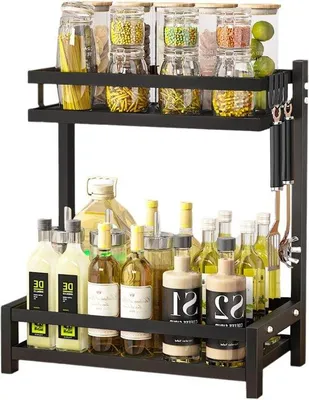 Image de Étagère à herbes à deux niveaux - Étagère de rangement pour herbes aromatiques de cuisine - Support pour évier - Récipients pour herbes et épices - Support à herbes avec 4 crochets - Noir, métal
