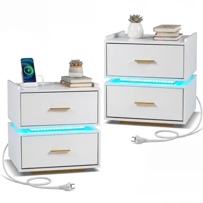 Obrázok produktu pre COSTWAY – sada 2 nočných stolíkov s LED osvetlením a nabíjacou stanicou, nočný stolík s 2 zásuvkami a kovovou podnožou, moderný polozavesený stolík, biely