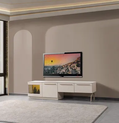 Image de Meuble TV bas, style moderne, couleur blanche, pratique et confortable, idéal pour un salon contemporain