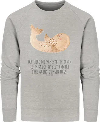 Produktbild von Mr. & Mrs. Panda Bio Baumwoll Pullover Robbe Liegen Größe S - Heather Grey - Geschenk, Robben, Sweatshirt, Lustige Sprüche, Lachen, Sweater, Ostsee, Pulli, Strand
