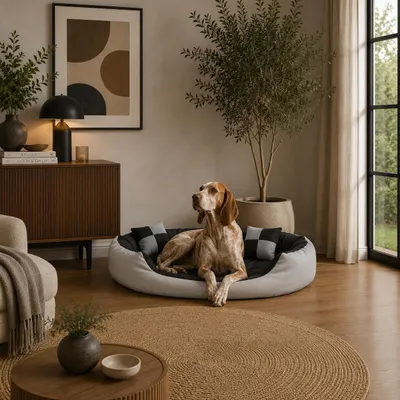 Produktbild von belviona 4-in-1 Hundebett, Hundekörbchen mit Wendekissen, wasserabweisend, tiefer Einstieg & 2 Spielkissen, 110x80 cm, grau/schwarz, KI-generiertes Bild