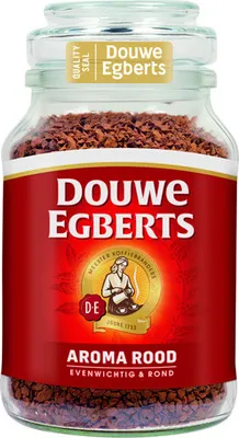 A jar of Douwe Egberts Aroma Red instant coffee.