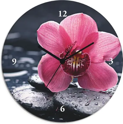 Produktbild von ARTland Glas Wanduhr Quarzuhr - schwarzer Zeiger Stillleben mit Kiesel und einer Orchidee Größe: 30x30 cm