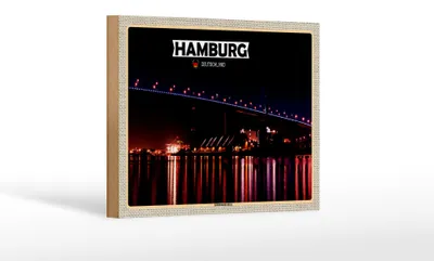 Produktbild von Holzschild Städte Hamburg Köhlbrandbrücke Nacht 18x12 cm Dekoration