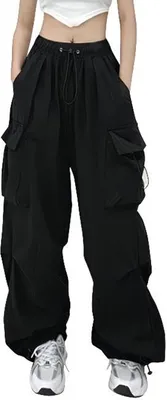 Produktbild von ASKSA Damen Cargohose Baggy Weites Bein Hose Y2K Track Pants Vintage Hohe Taille Freizeithose mit Taschen, Schwarz, 3XL