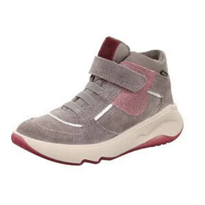 A single gray high-top sneaker with pink and burgundy accents is shown against a white background.