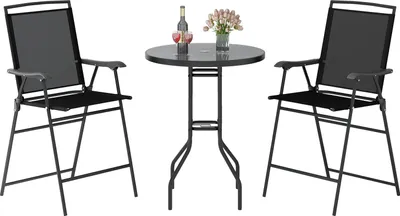 Produktbild von 3-teiliges Barmöbel-Set für Draußen, mit DPC-Tischplatte & Schirmloch, Terrassentisch mit Metallrahmen, 2 Klappstühlen, Schwarz