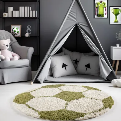 Image de Carpetsale24 Tapis Enfant à Poils Longs Design Football et Basket Doux Moderne pour Chambre Garçon et Fille, Taille: 100 cm rond