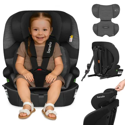 A child is sitting in a car seat, with additional product images shown on the right.