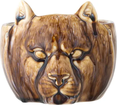 A close-up front view of a ceramic pot shaped like a lion's head.