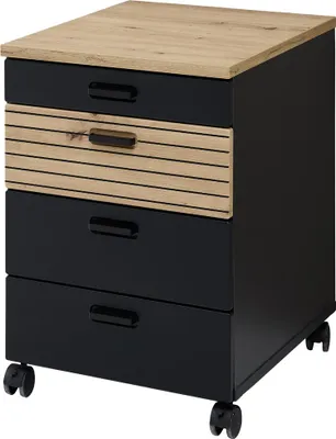 Produktbild von Büro Rollcontainer mit 45 cm Breite in Schwarz mit Eiche, Rillen, 4 Schubladen, Softclose - GLENDALE-36