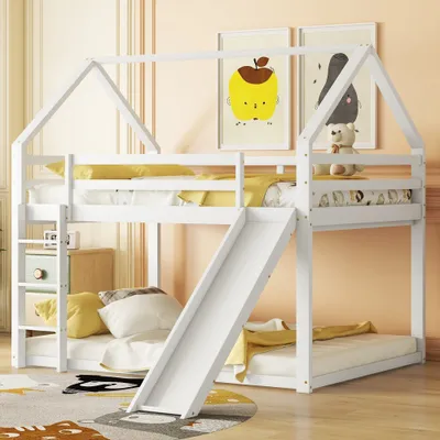 Image de AIORBER Lit superposé, bois massif, 140x200cm, lit d'enfant avec sommier à lattes, design maison,avec toboggan et échelle,lit supérieur avec rampe,pour chambre d'enfant,Blanc