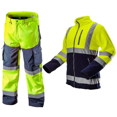 A pair of work pants and a work jacket are displayed against a white background.