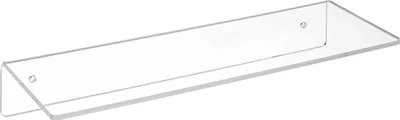 A clear acrylic shelf mounted on a white background.