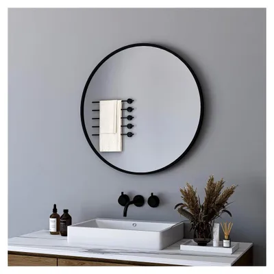 Produktbild von Runder Wandspiegel 50 cm in Schwarz mit gebürstetem Metallrahmen für Bad, Wohnzimmer und Eingangsbereich
