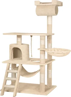 A beige cat tree with multiple levels, a hammock, a ladder, and a hideaway.
