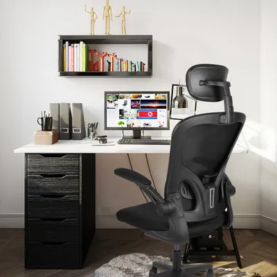 Image de Chaise de bureau Bigzzia, chaise de bureau avec soutien lombaire réglable, chaise de bureau avec dossier haut, chaise pivotante ergonomique, Executive Chair avec appui-tête et accoudoir pliable, noir