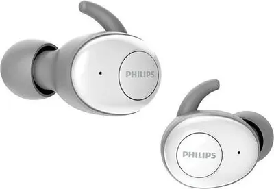 Two white and gray Philips in-ear headphones are shown against a white background.