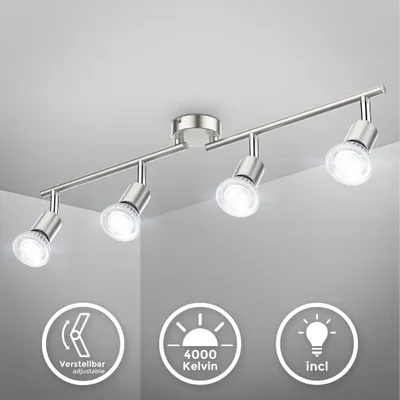 Immagine prodotto di B.K.Licht Faretti LED da soffitto orientabili, include 4 lampadine GU10 da 5W 400Lm, luce bianca neutra 4000K, plafoniera moderna in metallo, lampada da soffitto color nichel opaco