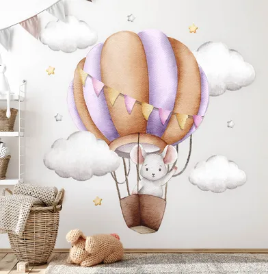 Produktbild von Luftballonflug – Wandgestaltung – Wandbilder Kinder – Motivtapeten Set – Wanddekor Kinderzimmer – Selbstklebende Wandsticker – 100x117 cm