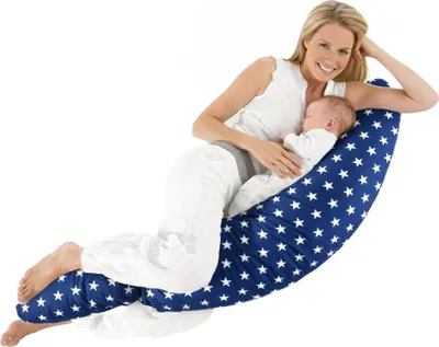 Immagine prodotto di Grande cuscino per la gravidanza a forma di boomerang con croissant e bozzolo per chi dorme di lato e allatta - Stelle blu navy
