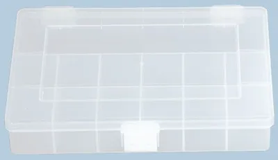 A transparent plastic storage box with multiple compartments and a white latch.