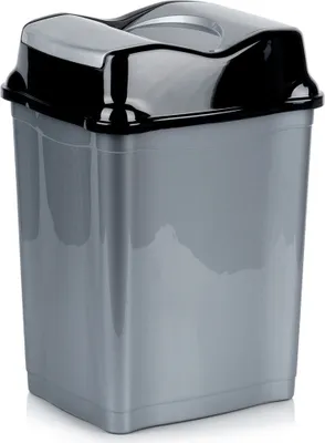 A gray trash can with a black lid is shown against a white background.