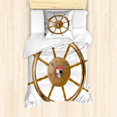Produktbild von ABAKUHAUS Steuerrad Mantele, Piraten-Meer-Schiffs-Rad, Milbensicher Allergiker geeignet mit Kissenbezügen, 135 cm x 200 cm - 80 x 80 cm, Braun schwarz