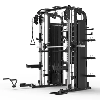 Produktbild von GORILLA SPORTS® Kraftstation Smith Machine mit 2x60kg Gewichtsblock, Multipresse mit Kabelzug, Klimmzugstange & Langhantel 204cm – Home Gym Squat Rack