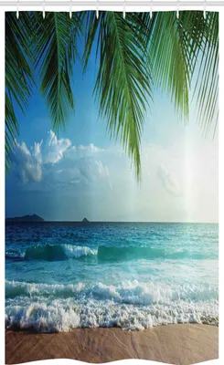 Produktbild von ABAKUHAUS Ozean Schmaler Duschvorhang, Palmen Tropical Island, Badezimmer Deko Set aus Stoff mit Haken, 120 x 180 cm, Blau und Grün