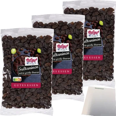 Produktbild von Hofgut Sultaninen ungeschwefelt 3er Pack (3x200g Beutel) + usy Block