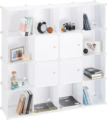 Obrázek produktu pro Plastový regál Relaxdays, rozšiřitelný regálový systém se 16 přihrádkami, čtvercový stojanový regál 127 x 127 x 31,5 cm, bílý