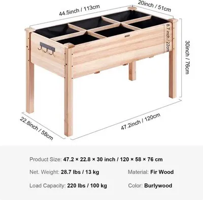 Image de Jardinière surélevée en bois avec 6 pots de fleurs - Table de culture - Sur pieds - Avec plateau - 120 x 58 x 76 cm