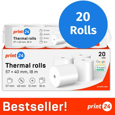 Image de NOUVEAU : rouleaux thermiques print24 / rouleaux de caisse, lot de 20 rouleaux, 57 mm x 40 mm x 12 mm, 18 m, s PEFC, compatibles avec EPSON, IBM et bien d'autres marques.