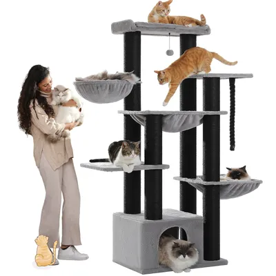 Produktbild von Hangzhou Xingtiancui Katzenbaum XXL, stabil, für bis zu 7 große Katzen (je 20kg). 170cm Höhe, 59x45cm Grundfläche, 11cm Stammdurchmesser. Aus Holzspanplatte, Plüsch, Sisal in Taubengrau-Schwarz, Beige, Rosa-Grün. Mit 13 Kratzsäulen, 3 Hängematten, 3 Liegeflächen, 1 Katzenhaus, 7 Ebenen.