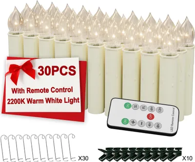 A product image showing a set of LED taper candles with a remote control and accessories.