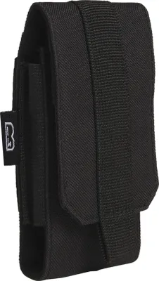 A black tactical pouch with a velcro closure and a brand logo.
