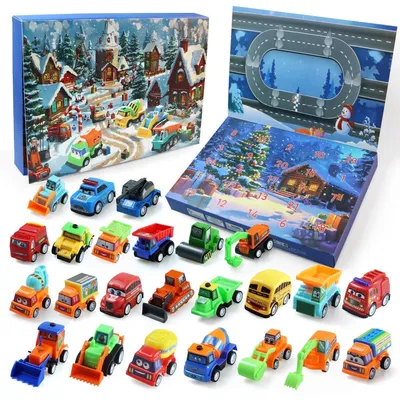 Obrázek produktu pro Adventní kalendář s autíčky, 24 kusů, stavebnice s kartičkami pro děti, chlapce, věk 3-13 let