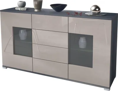 Produktbild von Vladon Sideboard Grömitz V1, Kommode mit 2 großen Türen und 4 Schubladen, Anthrazit matt/Sandgrau Hochglanz (138,5 x 75,5 x 35)