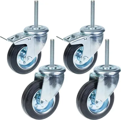 Produktbild von Hochbelastbare 100-mm-Gummilenkrollen mit Bolzenbefestigung und Feststellbremse, Tragkraft 75 kg (4er-Set)