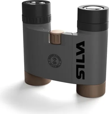 Das Epic 10 Fernglas von Silva in grau mit schwarzen und bronzefarbenen Akzenten; kompakte Bauweise.